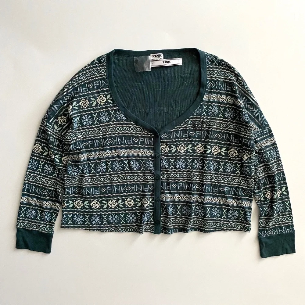 PINK Victoria's Secret Pajama Top Cropped Holiday Print Button Front Waffle Knit